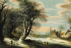 A winter landscape with a barn and travellers passing through, a city beyond