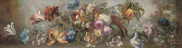 Roses, tulips, carnations and other flowers in a clearing - view 1
