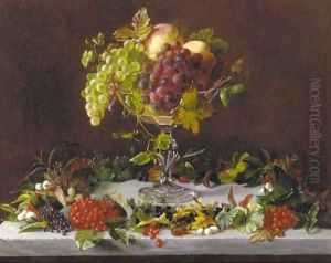 Grapes and peaches in a tazza with wild berries on a marble ledge by Augusta Laessoe