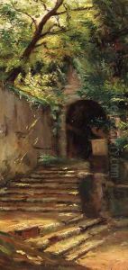 An entrance to an estate by Carl August Lebschee