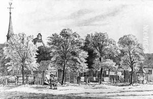 A View of Amstelveen, two men conversing near the old church by Gerrit Lamberts
