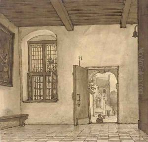 The interior of a house, with an open door showing the street beyond by Gerrit Lamberts