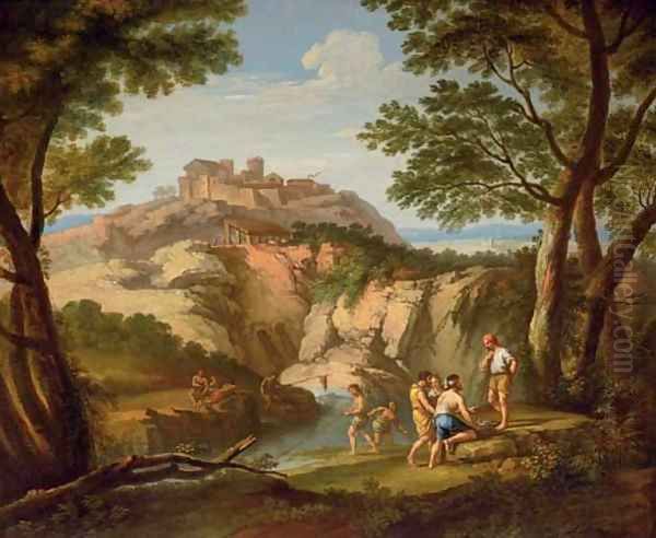 An Italianate river landscape with fishermen in the foreground and a hill town beyond - view 1