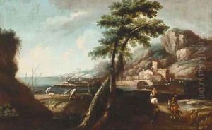 An Italianate landscape with travellers on a track, a port beyond