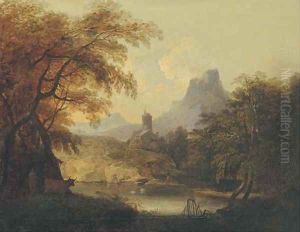 A landscape with a tower by a lake