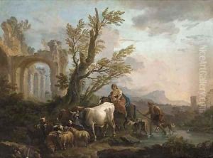 An Italianate river landscape with a peasant family travelling with his goats and cattle