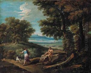 A wooded landscape with a peasant passing a resting shepherd