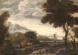An extensive river landscape with travellers on a path