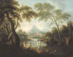 An Italianate river landscape with fishermen and a shepherdess