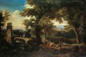 An Italianate wooded river landscape with pilgrims resting, a ruined tower and a bridge beyond