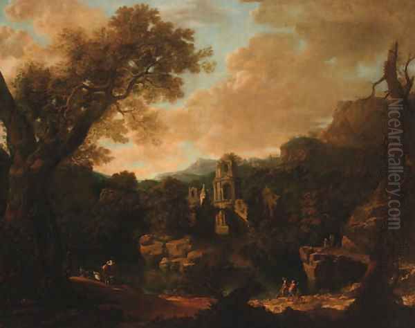 Peasants by a river in a mountainous landscape - view 1