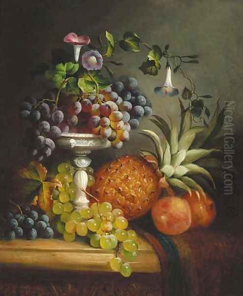 Grapes, a peach, a pomegranate, a pineapple, and a tazza, on a draped marble ledge - view 1