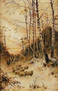 Shepherds And Sheep In A Snowy Wood by David Farquharson