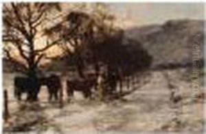 R.a. , Highland Cattle In The
Snow, Strengthened Signature, Oil On Board, 21 X 31 Cm.; 8 1/4 X 12 In by David Farquharson