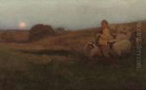 A Shepherd Boy And His Flock At Sunset - view 1