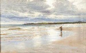 Fisherwoman On A Deserted Sandy Beach by Joseph Farquharson