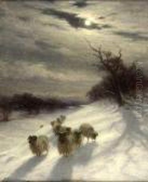 Sheep In A Snowy Landscape By Moonlight - view 1