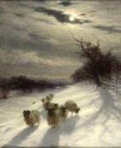 Sheep In A Snowy Landscape By Moonlight by Joseph Farquharson