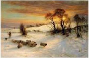 Herding Sheep In A Winter Landscape At Sunset Herding Sheep In A Winter Landscape At Sunset