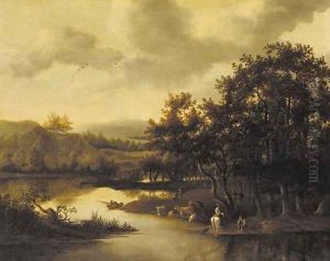 A wooded river landscape with cattle and peasants