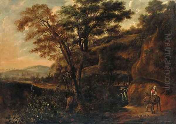 A wooded landscape with a traveller on a donkey - view 1