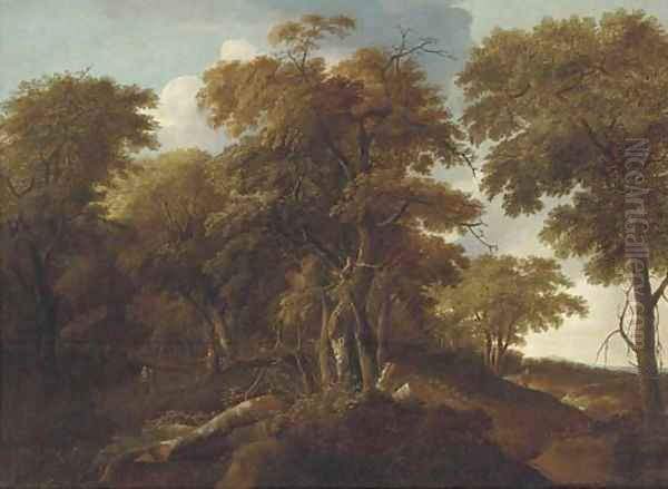 An extensive wooded landscape with travellers on a track - view 1