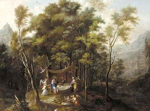 An extensive wooded landscape with the Temptation of Christ by Jan Looten