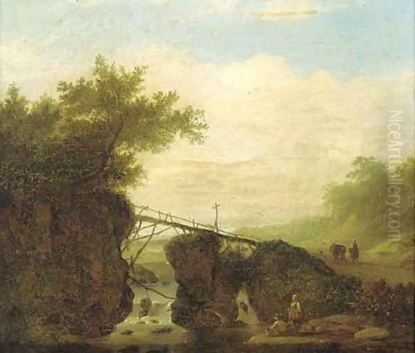 A landscape with a bridge over a waterfall and figures on a path - view 1