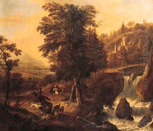 Hounds bringing down a boar with sportsmen nearby, in a wooded landscape