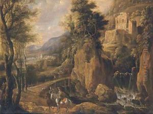 A wooded landscape with travellers on a path by a waterfall by Jan Looten