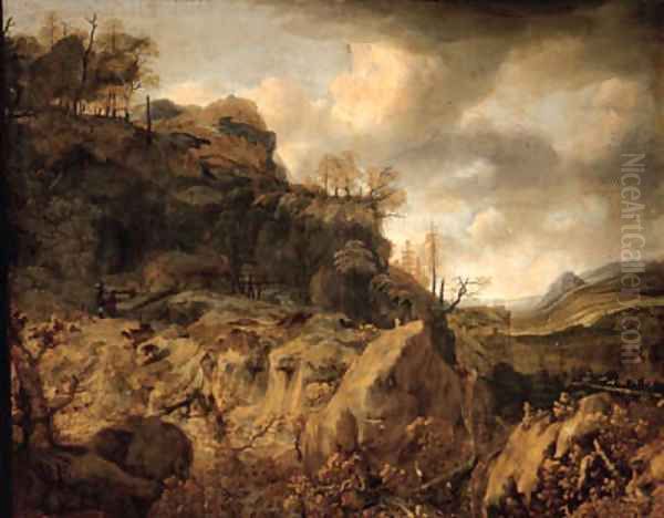 An extensive mountainous landscape with a huntsman and travellers on a path beyond - view 1