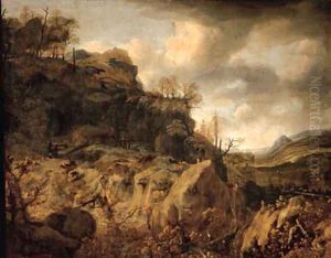 An extensive mountainous landscape with a huntsman and travellers on a path beyond by Jan Looten