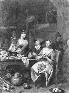 A maid seated by a table in a kitchen, peeling apples by Jean Baptist Lambrechts