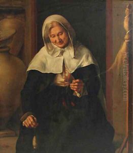 An old lady carding wool in an interior