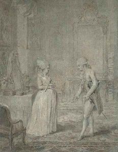 The interior of a salon with an elegant couple in conversation by Niclas II Lafrensen