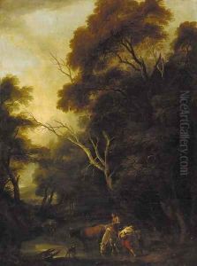 A wooded landscape with drovers at a ford thumbnail