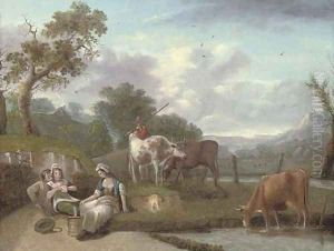 A wooded river landscape with cattle and figures in the foreground, cottages beyond by Philip Jacques de Loutherbourg