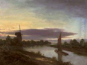 Boats on a river, a windmill beyond Boats on a river, a windmill beyond
