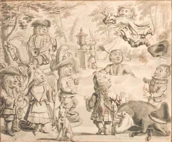 Fox tossing elegant dwarfs playing in a garden on the occasion of a hunting party - view 1