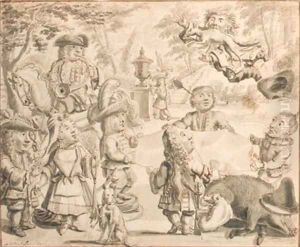 Fox tossing elegant dwarfs playing in a garden on the occasion of a hunting party