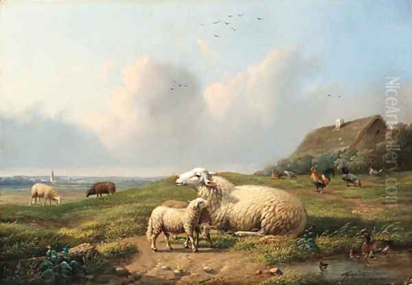 A pastorale landscape with sheep, chickens and ducks - view 1