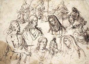 Studies for the Mocking of Christ, the Baptist, the Magdalene, Saint Jerome and heads of Christ and the Virgin by Giovanni Paolo Luini