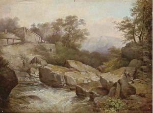 Figures by a cottage beside a river in spate by Thomas Baker Of Leamington