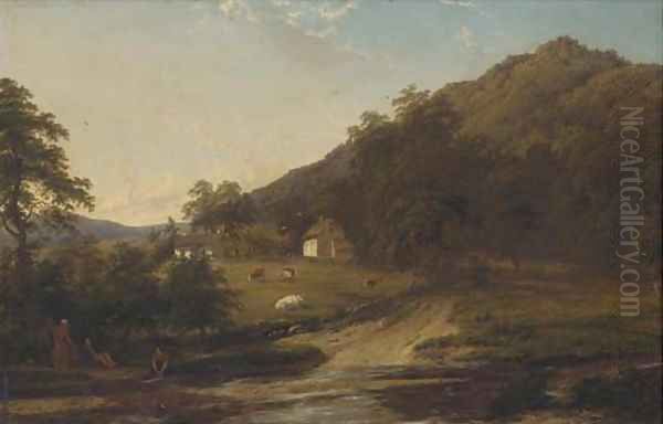 Figures by a river with cottages beyond - view 1