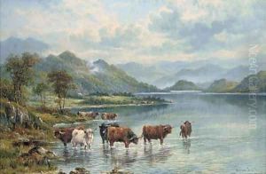 Cattle watering in a lake landscape by William Langley