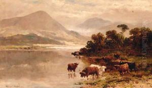 Highland Cattle Watering In A Loch Landscape by William Langley
