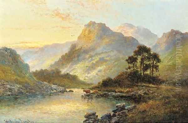 Cattle watering at dusk in a highland landscape - view 1