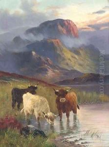 Cattle watering, sunset; and Cattle grazing by William Langley