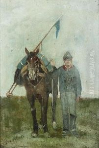 Kavallerist Mit Pferd Auf Einer Wiese.