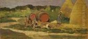 Le Botti Rosse (o Campagna Con Carri, Contadina E Pagliai) by Giovanni Fattori